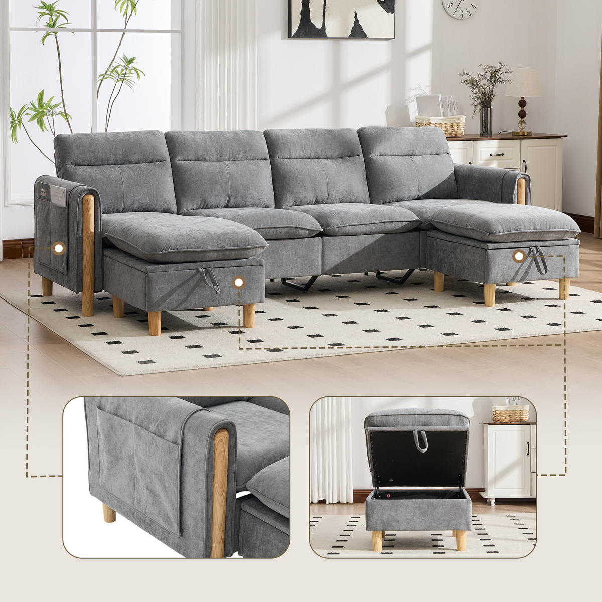 SOFA 261/77/86 cm in Hellgrau mit 2 Hockern und Stauraum - Hellgrau, Textil (77/86/261cm) - Flora Grace