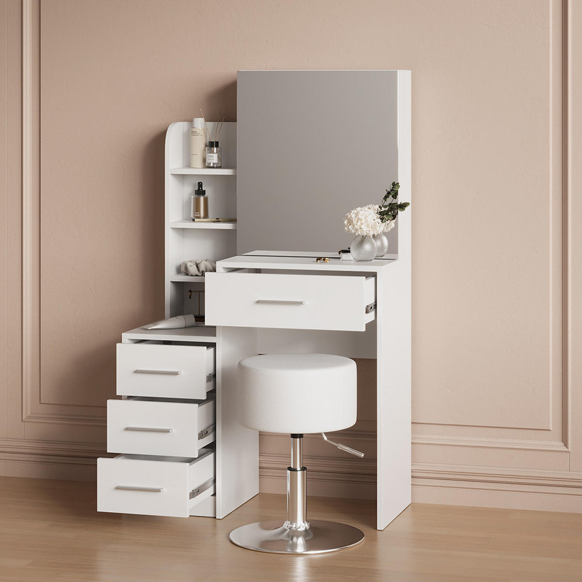 SCHMINKTISCH Loreta Weiß 80 cm mit Hocker - Weiß, Holzwerkstoff (80/131.6/36cm) - Livinity®