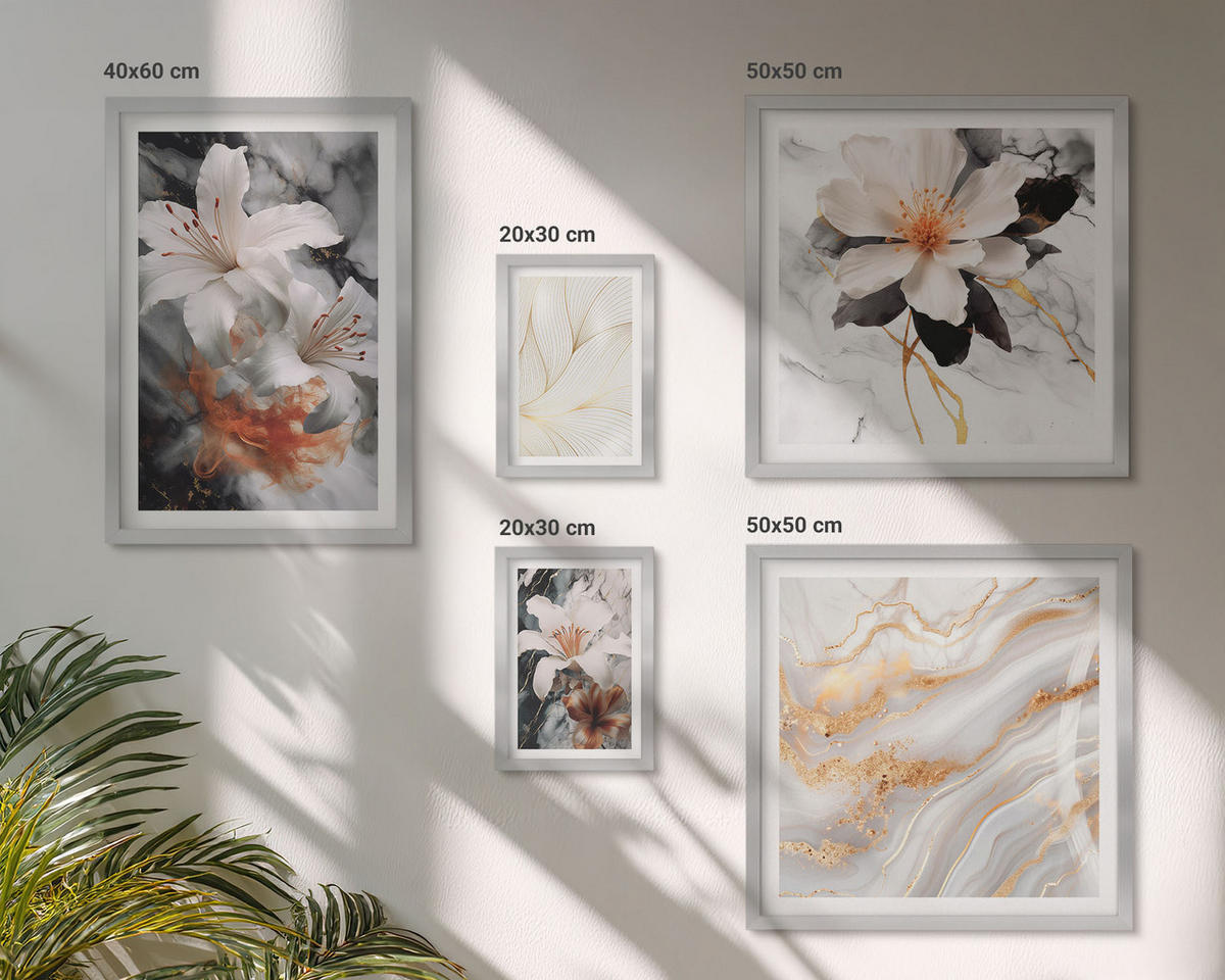 WANDBILDER 5er Set - 50x50 cm & 20x30 cm & 40x60 cm Silberner Rahmen - Blumen Marmor weiß schwarz - Silberfarben, Kunststoff (40/60cm) - ArtPrintCave