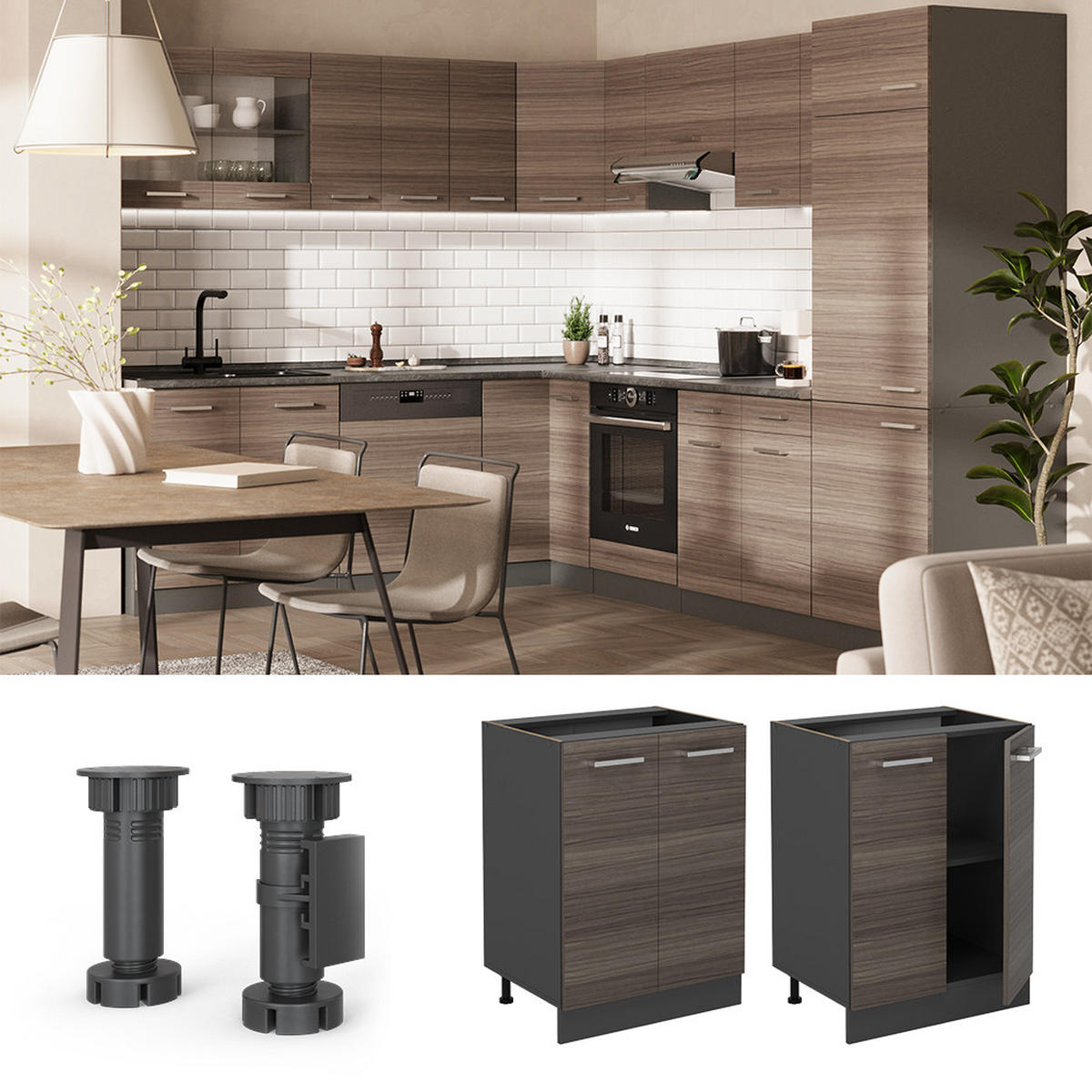 KÜCHENUNTERSCHRANK R-Line Edelgrau 60 cm , AP Anthrazit - Anthrazit/Braun, Holzwerkstoff (60/81.6/60cm) - Vicco