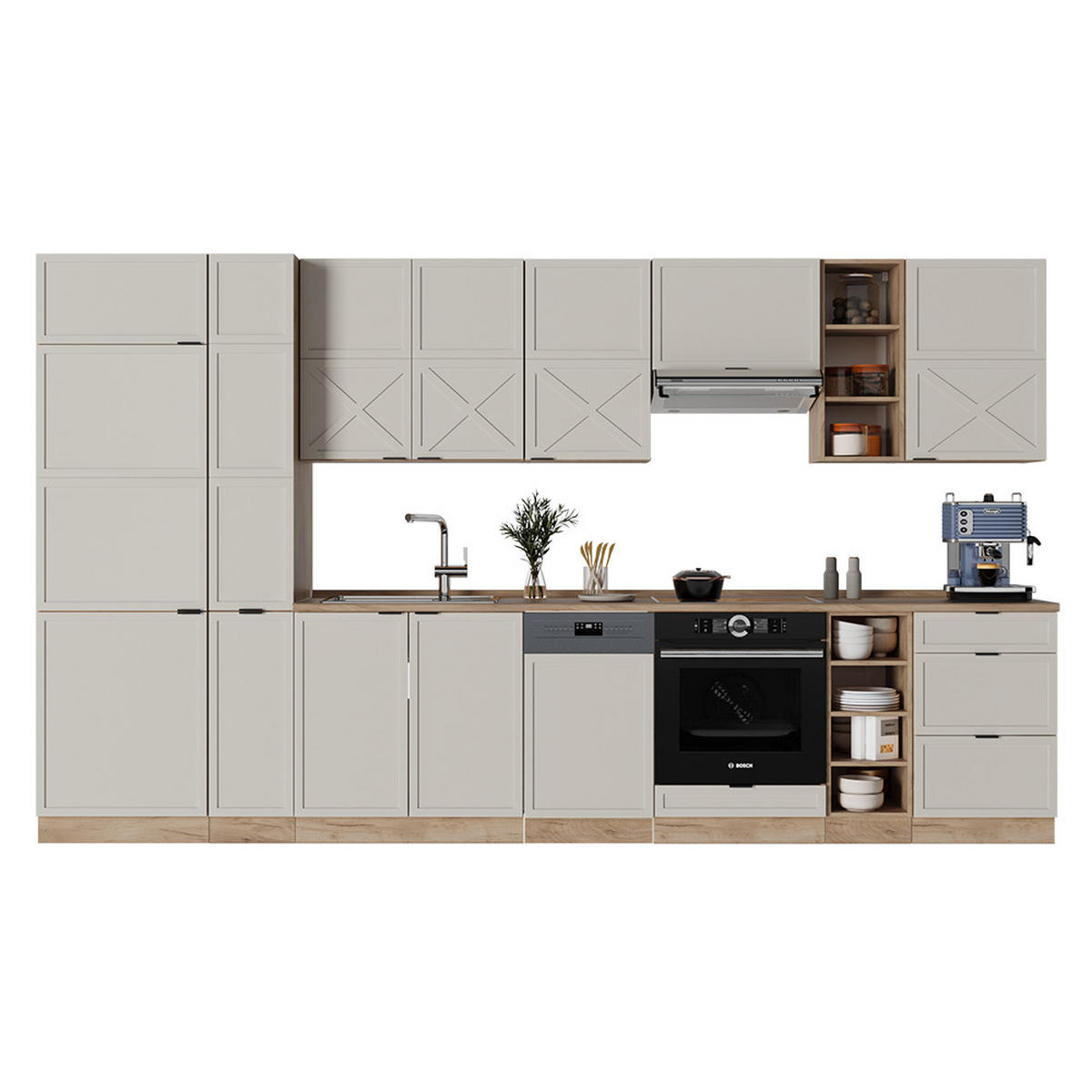 KÜCHENZEILE Fame-Line GrauBeige/Goldkraft Eiche 355 cm ohne AP - Honigeiche/Grau, Holzwerkstoff (355/81.6/46cm) - Vicco