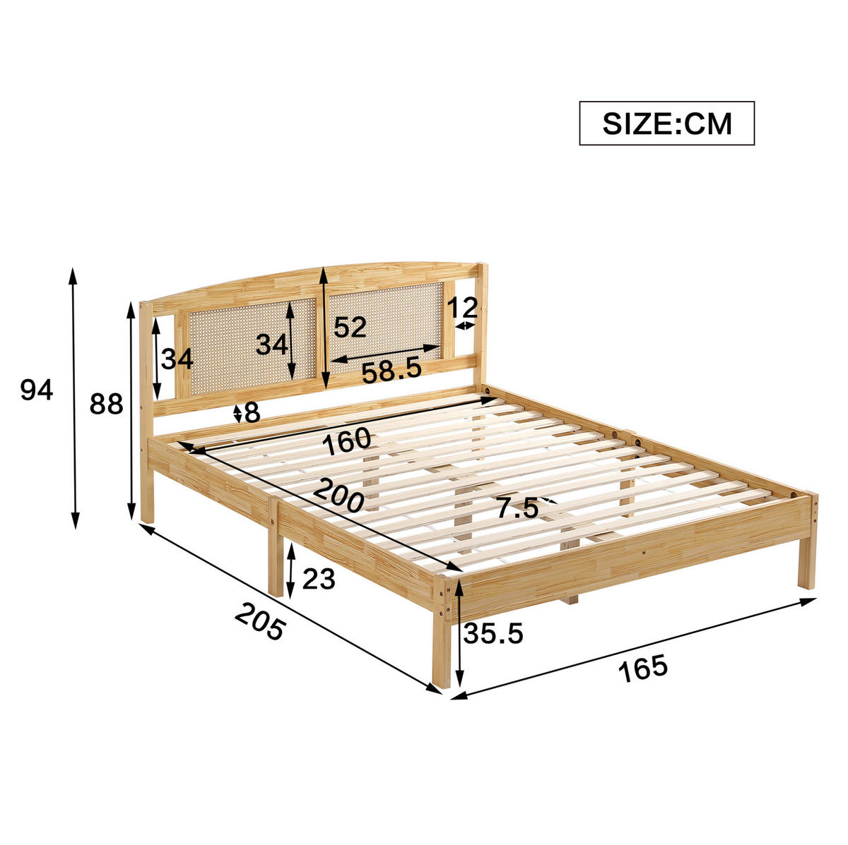 DOPPELBETT 160/200 cm Natur Rattanbett mit stabilen Mittelfüßen aus Kiefer - Naturfarben, Holzwerkstoff (160/200cm) - OKWISH