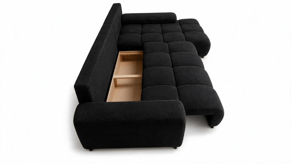 ECKSOFA Ovia mit Bettkasten und Schlaffunktion, Bouclé-Stoff in L-Form - Schwarz, Textil (270/185cm)