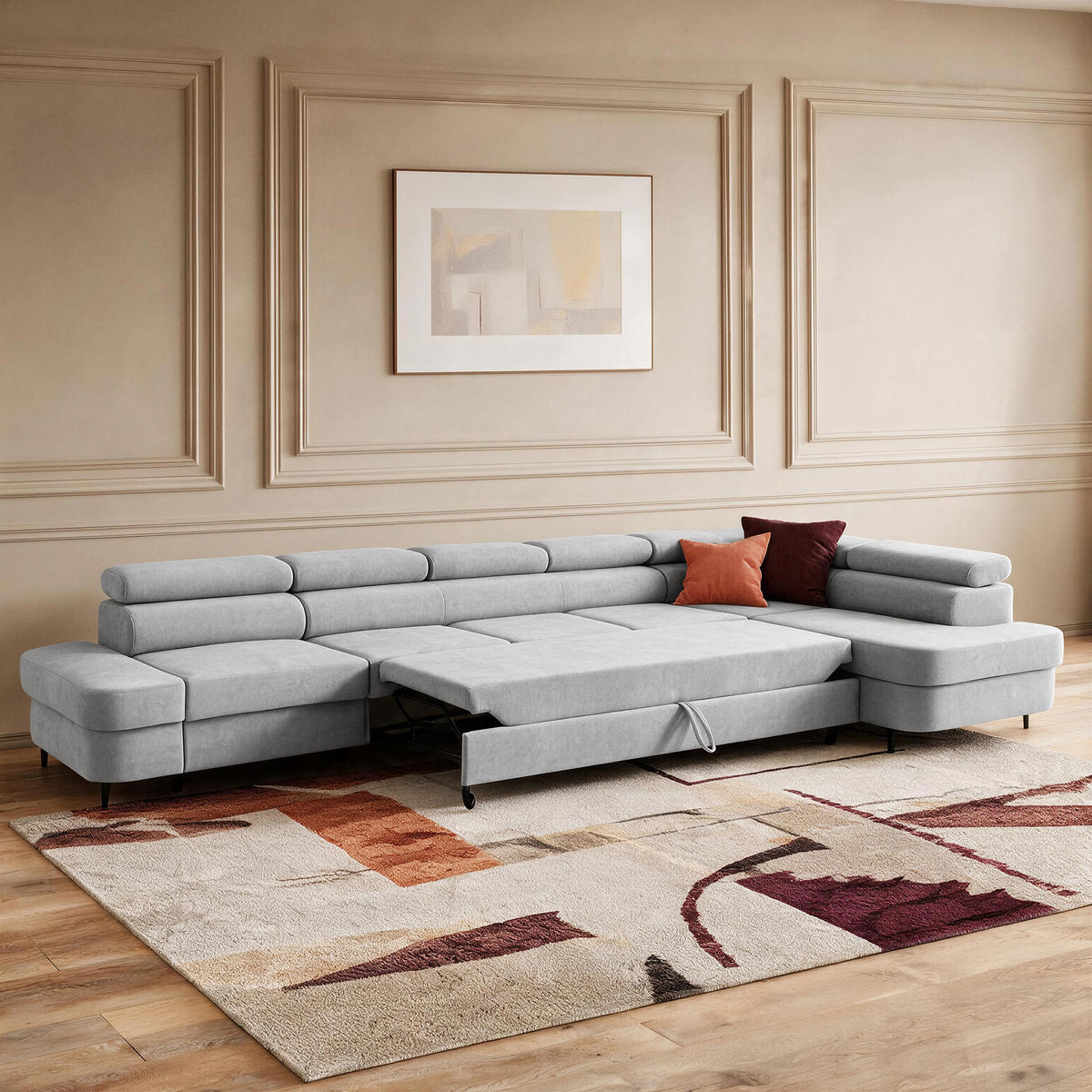 ECKSOFA PRIAM XXL L-Form Rechts mit Schlaffunktion 125x265 Velours Hellgrau - Hellgrau/Schwarz, Holz/Textil (420/203cm) - Muffo