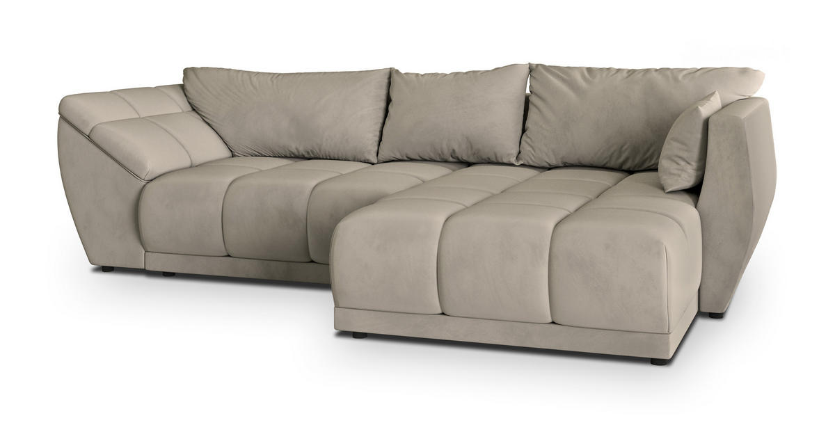 ECKSOFA ORENTI R-S Beige Velours-Stoff mit Schlaffunktion - Beige, Holz (287/182cm) - MASSENO