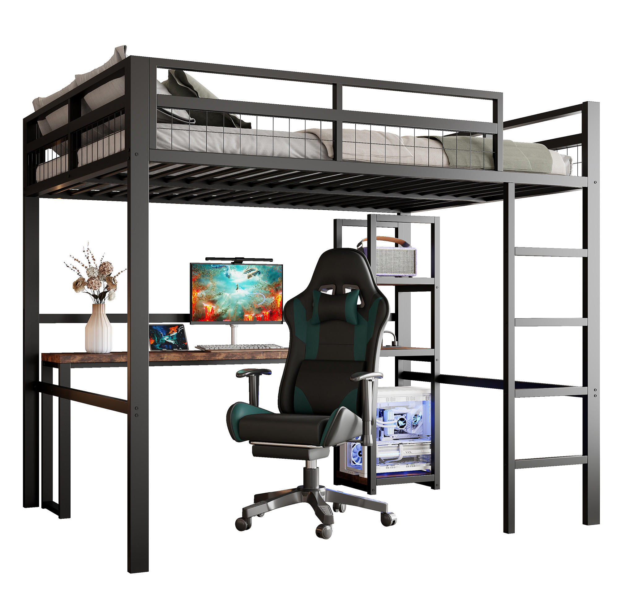 HOCHBETT 140/200 cm aus Metall mit Schreibtisch, Regalen und USB- und Type-C-Anschlüssen - Schwarz, Metall (140/200cm) - Flora Grace