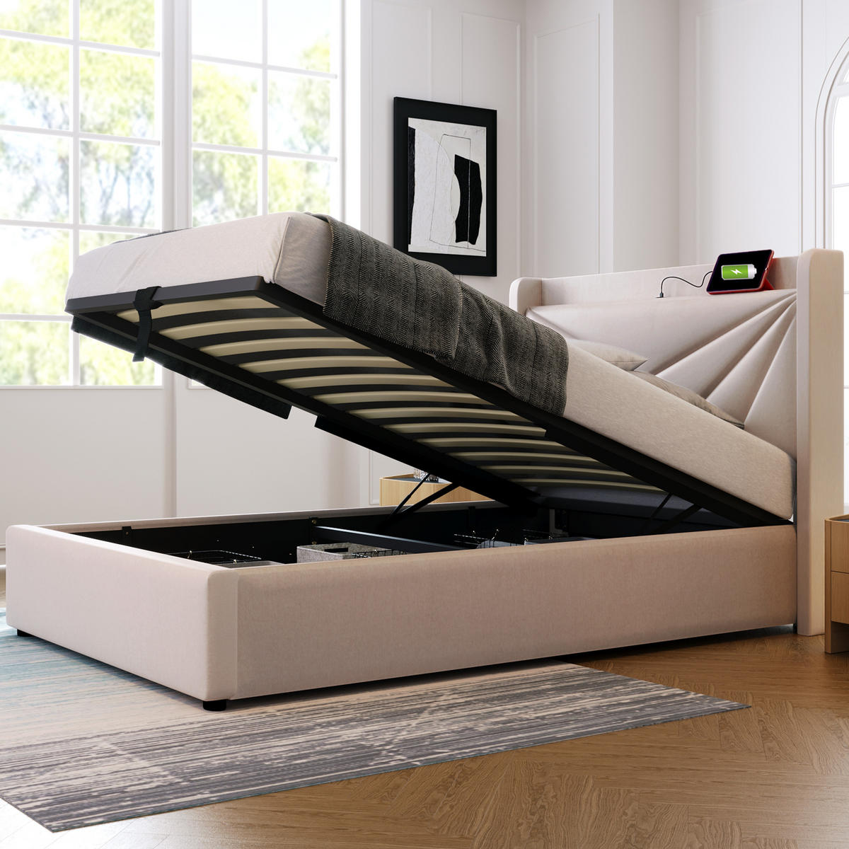 POLSTERBETT 90/200 cm Beige aus Linen mit Stauraum und USB/Typ-C mit Matratze - Beige, Textil (90/200cm) - OKWISH