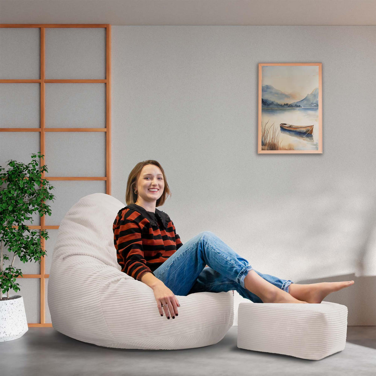 SITZSACK PARADISE MIT FUßSTÜTZE Kordsamt 2-tlg White Dove M - Weiß, Textil (90/100/90cm) - Dreamroots