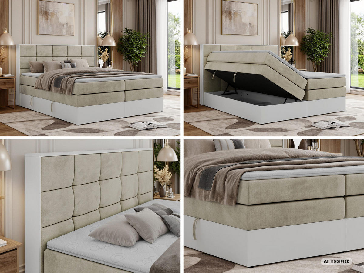 BOXSPRINGBETT ALVIT KING 200/200 - Beige Velvet - Topper Visco - H3 - Beige/Schwarz, Kunststoff/Textil (200/200cm) - MKS