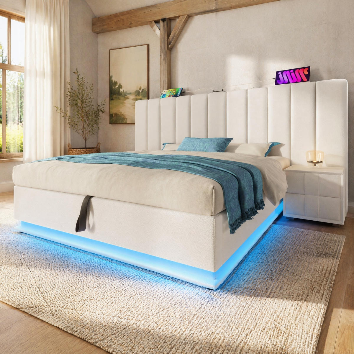 POLSTERBETT 180/200 mit Bettkasten, LED und USB in Weiß - Weiß, Holzwerkstoff/Textil (180/200cm) - EVRYAE