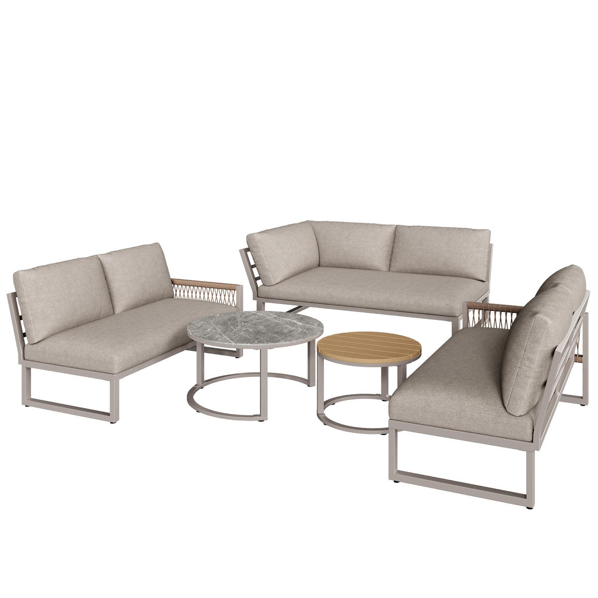 GARTENMÖBELSET 238/61/78 cm beige aus Metall und Polyester mit Seilgeflecht und Kissen - Beige, Metall - OKWISH
