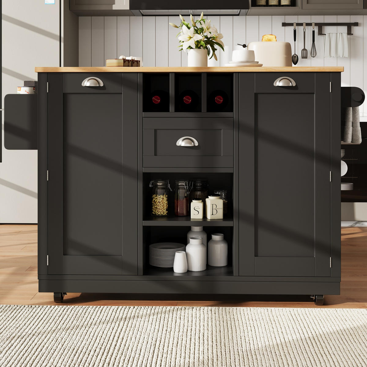 KÜCHENINSEL aus MDF 140x40x93,5 cm Schwarz mit klappbarer Platte, Weinregal, Handtuchhalter und Rollen - Schwarz, Holzwerkstoff (140/93.5/40cm) - Modfu