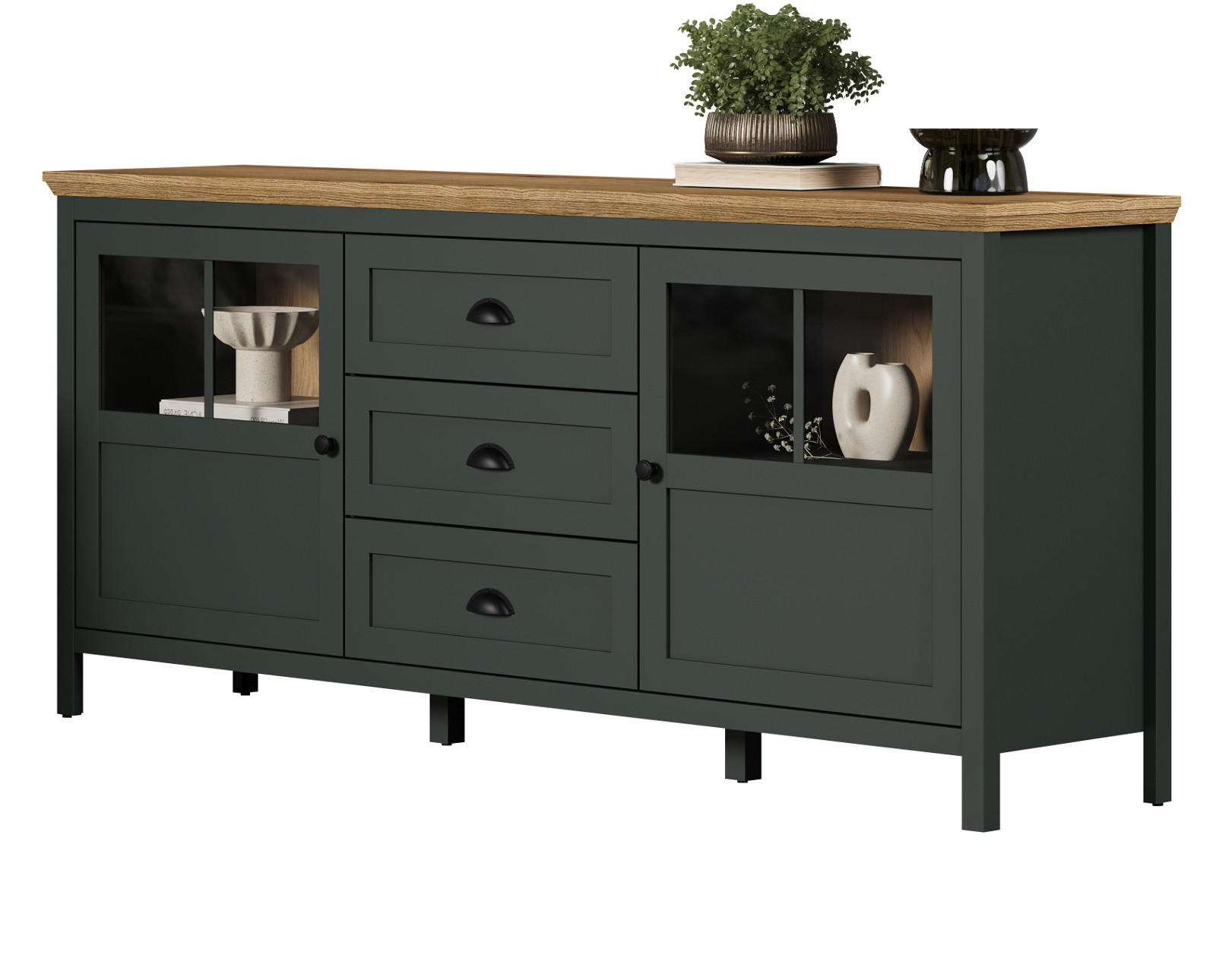 SIDEBOARD grün, Evoke Eiche Landhaus 185 x 86 cm, Kommode inklusive LED Beleuchtung - Eichefarben/Schwarz, Glas/Holzwerkstoff (185/86/45cm) - Top.Furn