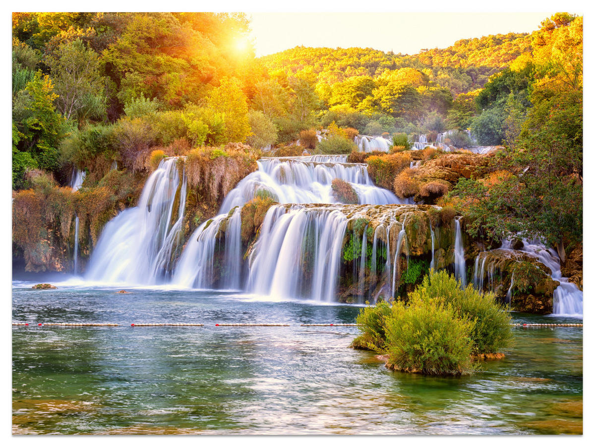 FOTOTAPETE für Esszimmer Wasserfall Sonnenaufgang Morgenlicht Bäume 300x210 - Gelb/Beige, Papier (300/210cm) - Muralo