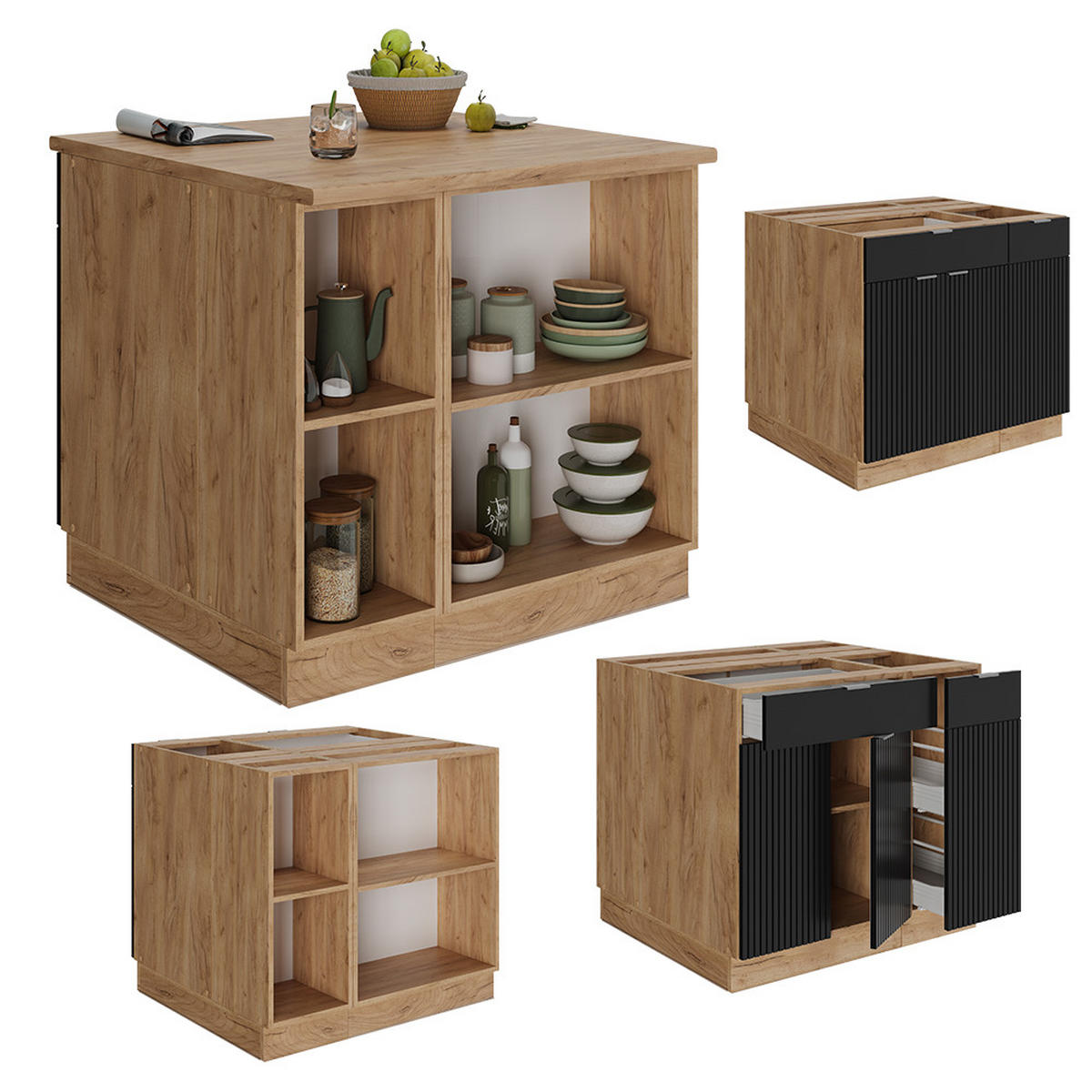 KÜCHENINSEL Fame-Line, Schwarz gestreift, 90 cm mit Schublade, ohne Arbeitsplatte - Honigeiche/Schwarz, Holzwerkstoff (90/82/60cm) - Vicco