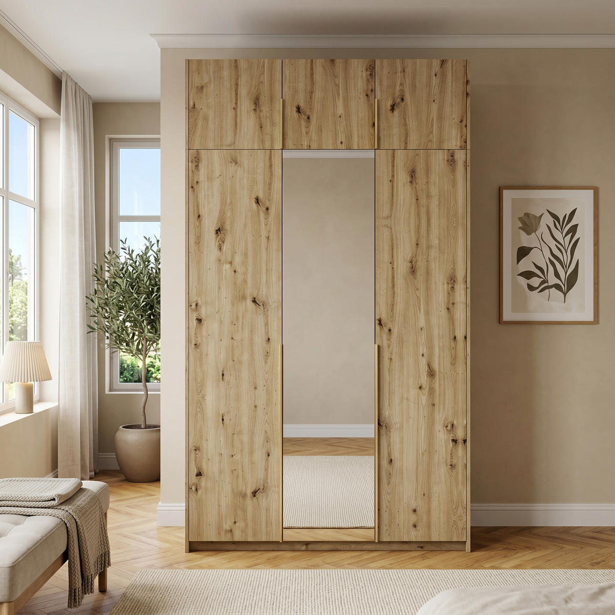 DREHTÜRENSCHRANK THALIA 148/250/58cm 3-türig mit Spiegel Eiche Artisan - Eiche Artisan, Holzwerkstoff (148/250/58cm) - MASSENO