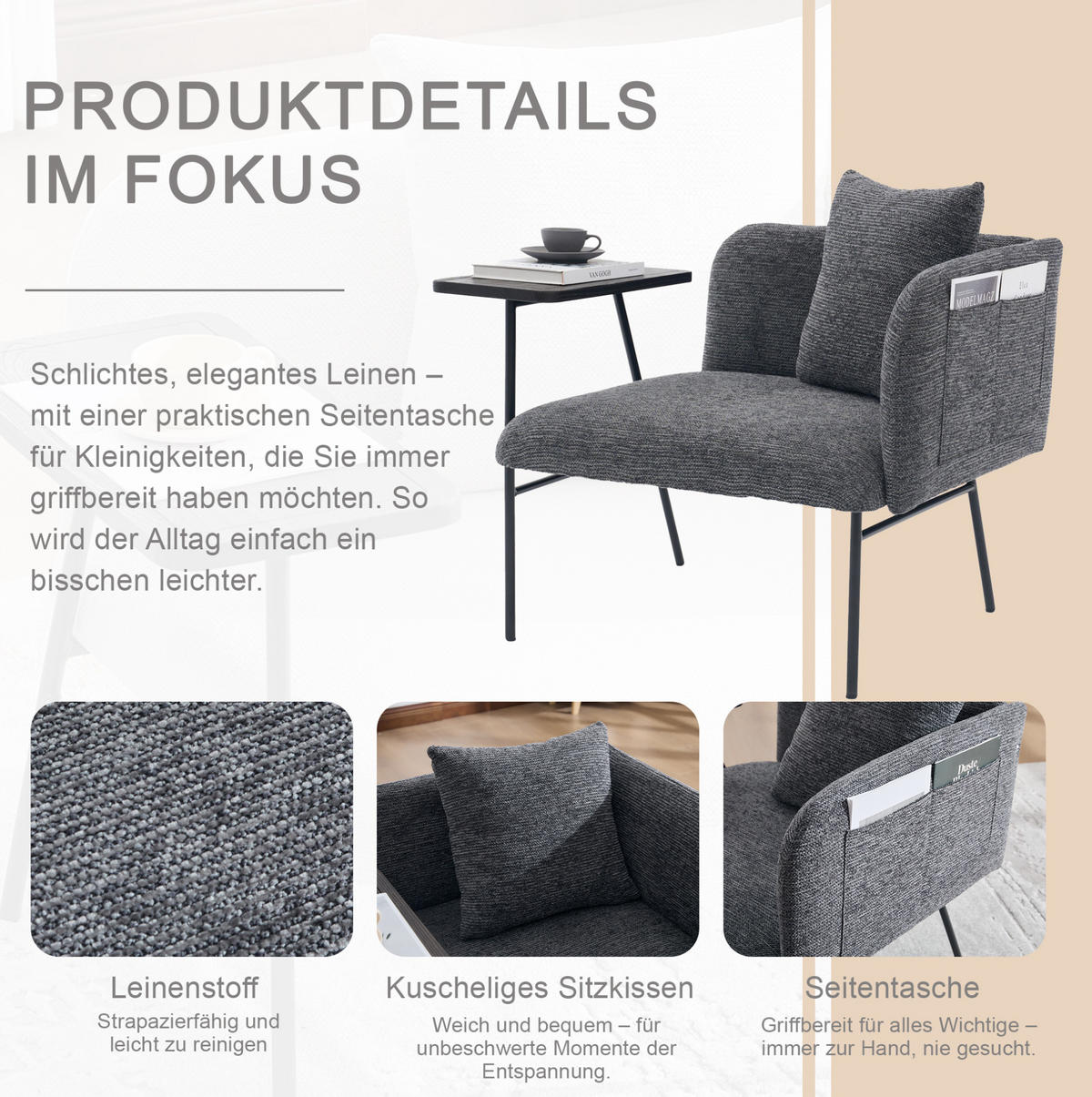 SESSEL 86/72/71 cm dunkelgrau aus Chenille mit Beistelltisch - Dunkelgrau, Textil (72/71/86cm) - OKWISH