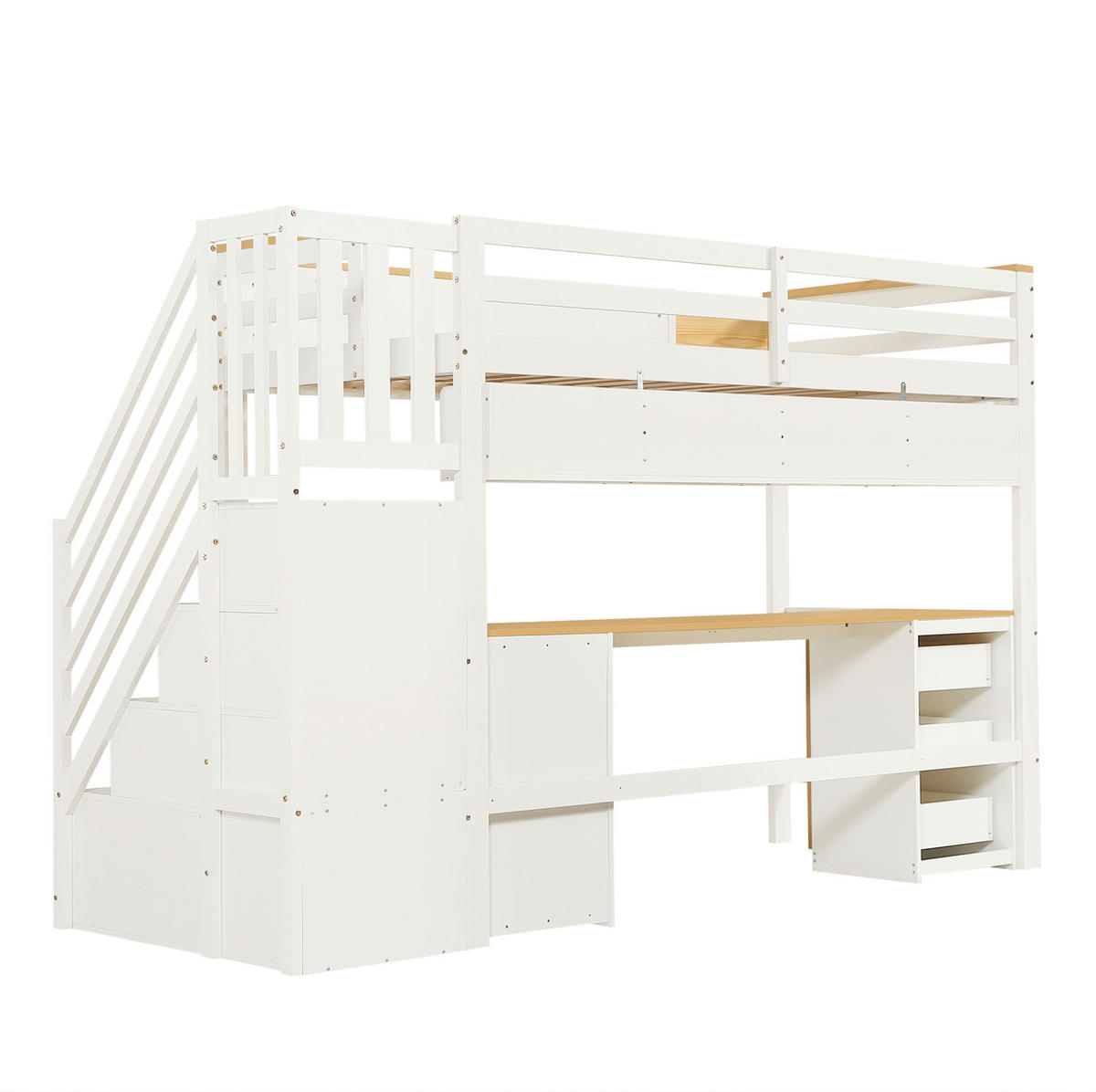HOCHBETT Massivholz/MDF 90x200 cm Weiß/Natur mit Schreibtisch, Schubladen und Stauraumtreppe - Weiß, Holz (90/200cm) - Modfu