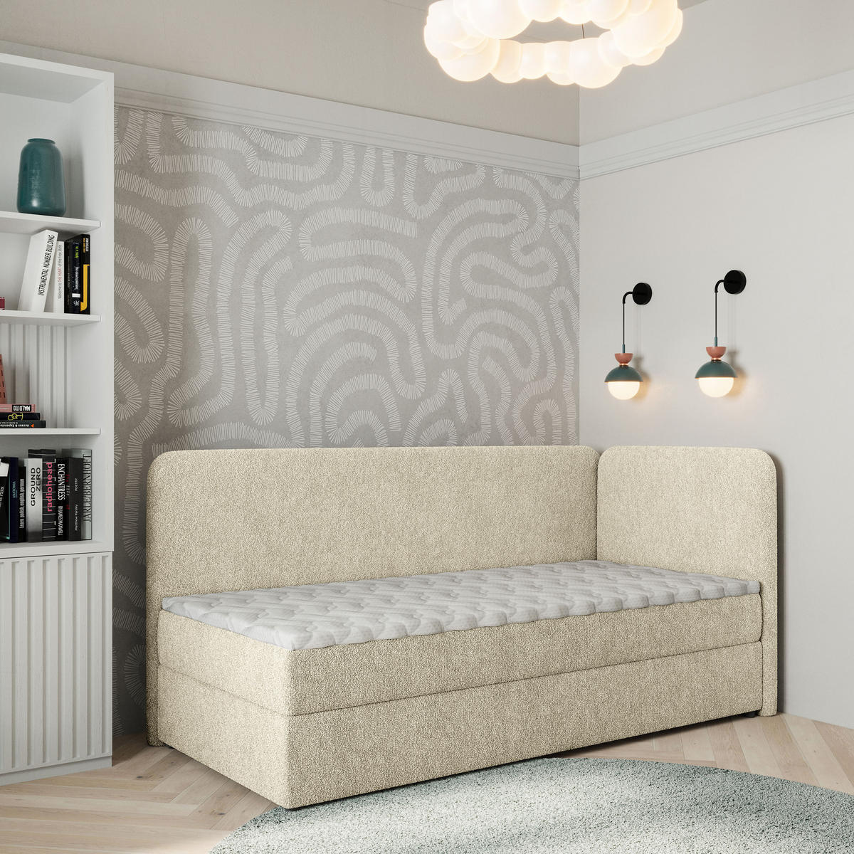 BOXBETT GINA 100x200 cm mit Matratze und Topper, H2+H3 - Creme - Creme, Holz (100/200cm) - MASSENO