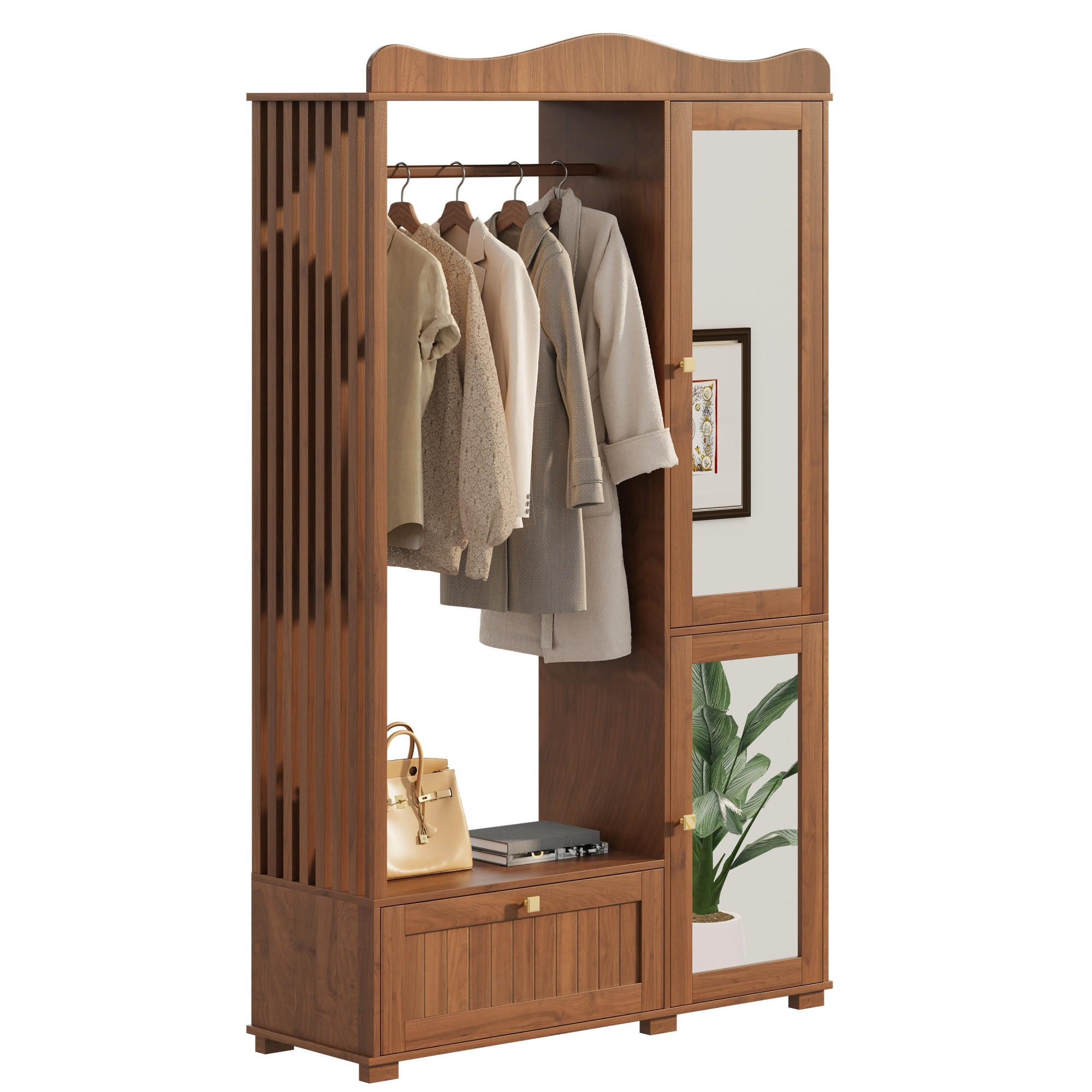 GARDEROBENSCHRANK Spiegel Kleiderstange Schublade - Nussbaumfarben, Holz (115.5/194.5/38.5cm) - LEBENLANG