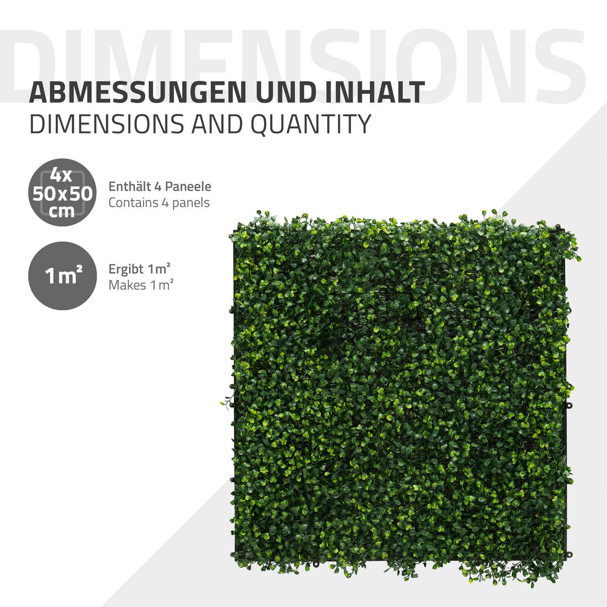 UMĚLÁ ROSTLINNÁ STĚNA, sada 4 ks, 50 x 50 cm, umělé rostliny na stěnu, interiér i exteriér, zelená, Classic Buxus - tmavě zelená, plast (50/50/5cm) - ECD-Germany