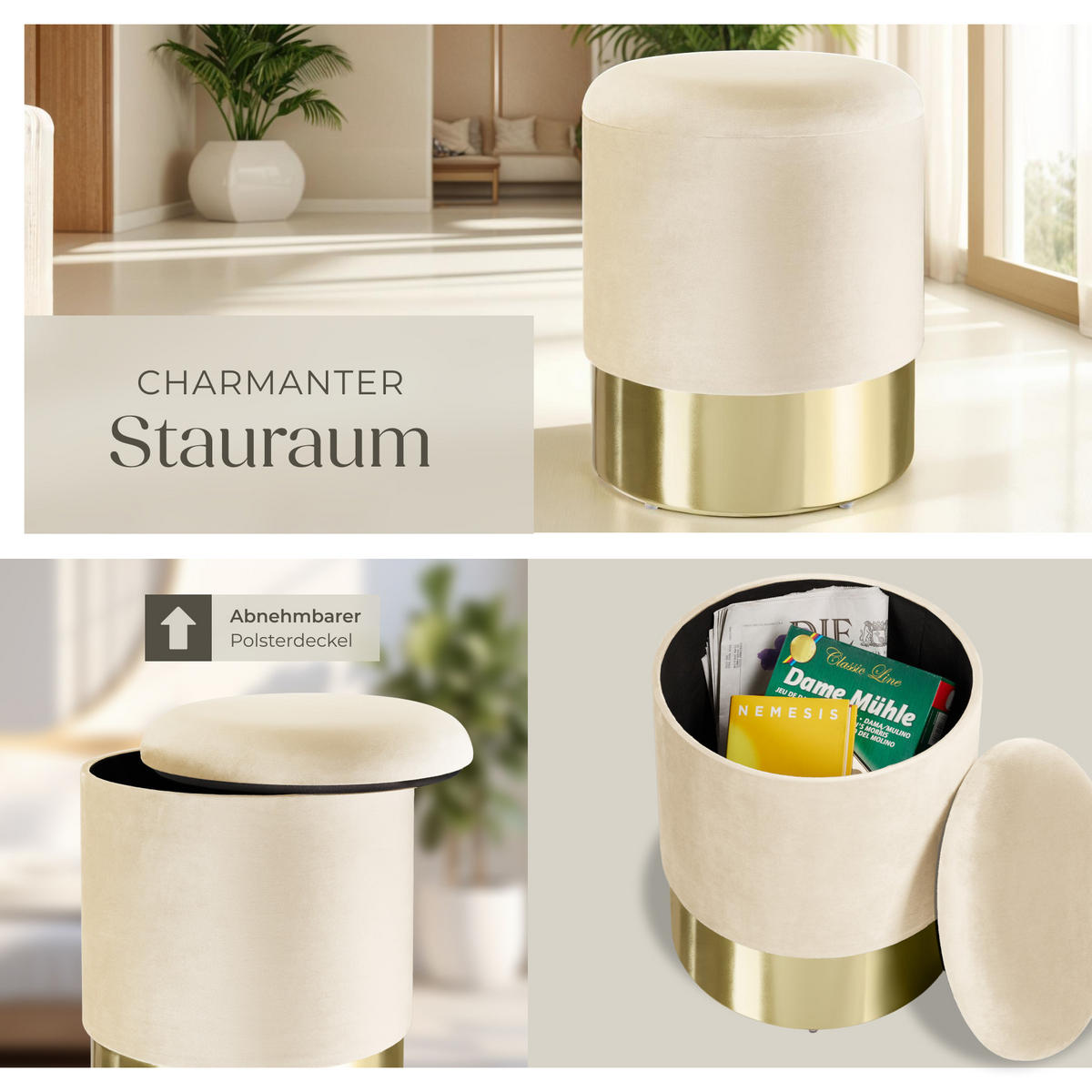 SITZHOCKER mit Stauraum Sarina,36 x 44,5 cm,creme - Creme, Holz (36/44.5/36cm) - tectake