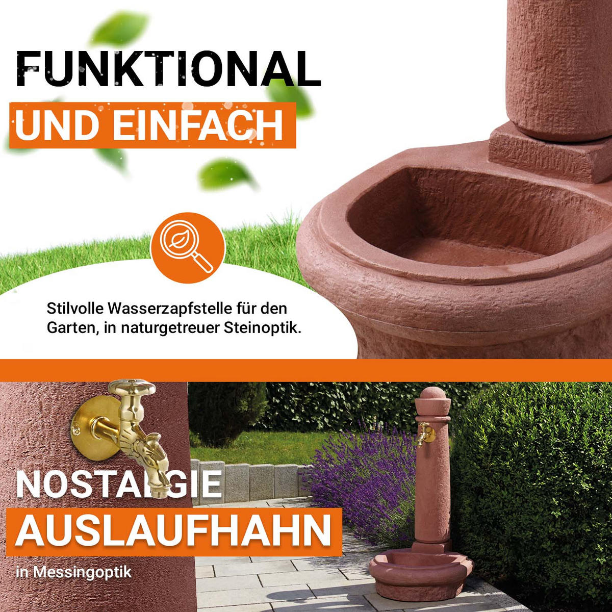 STEINBRUNNEN aus Kunststoff, red inkl. Nostalgie-Auslaufhahn - Rot, Kunststoff (44/52/90cm) - GARANTIA