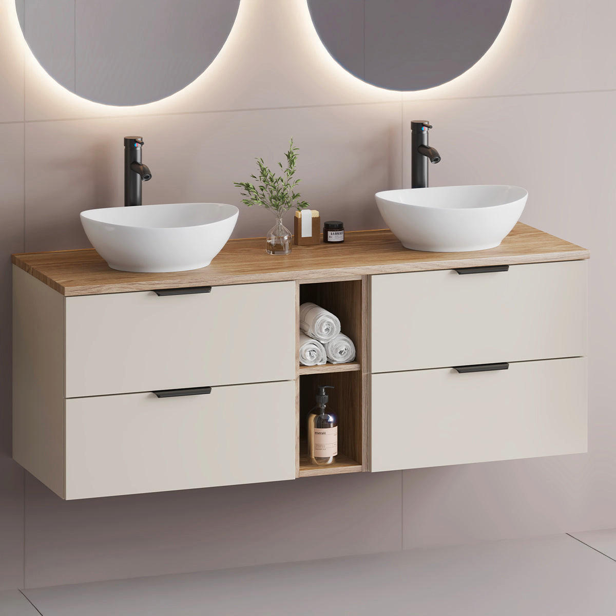 DOPPELWASCHTISCH 140.6cm Astrid Kaschmir und Holz - Beige, Holzwerkstoff (140.6/52.2/46.5cm) - Petits-meubles