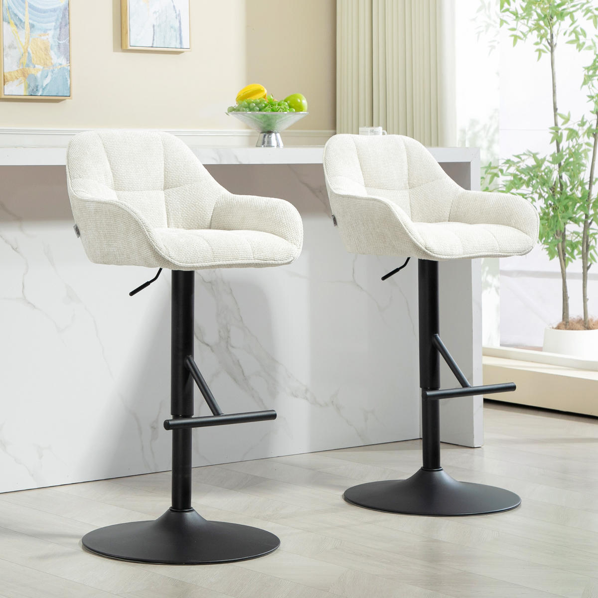 BARHOCKER 2er-Set DE-14749 höhenverstellbar mit Leinenbezug Creme - Creme, Metall (53/108/52.5cm) - ComfortXL