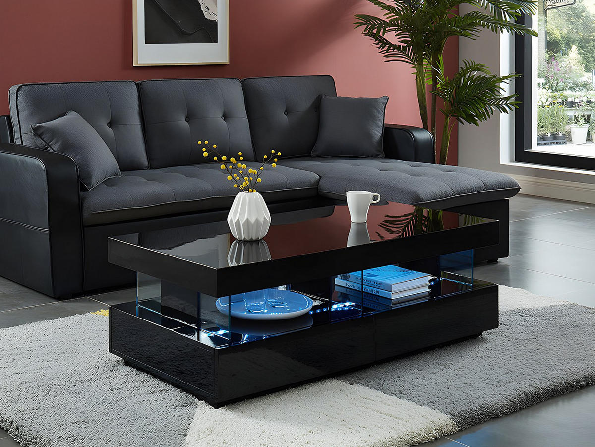 COUCHTISCH mit 2 Schubladen + 2 Ablagen + LEDs - MDF lackiert - Schwarz - FABIO - Schwarz, Holz (120/60/42cm) - Vente-Unique