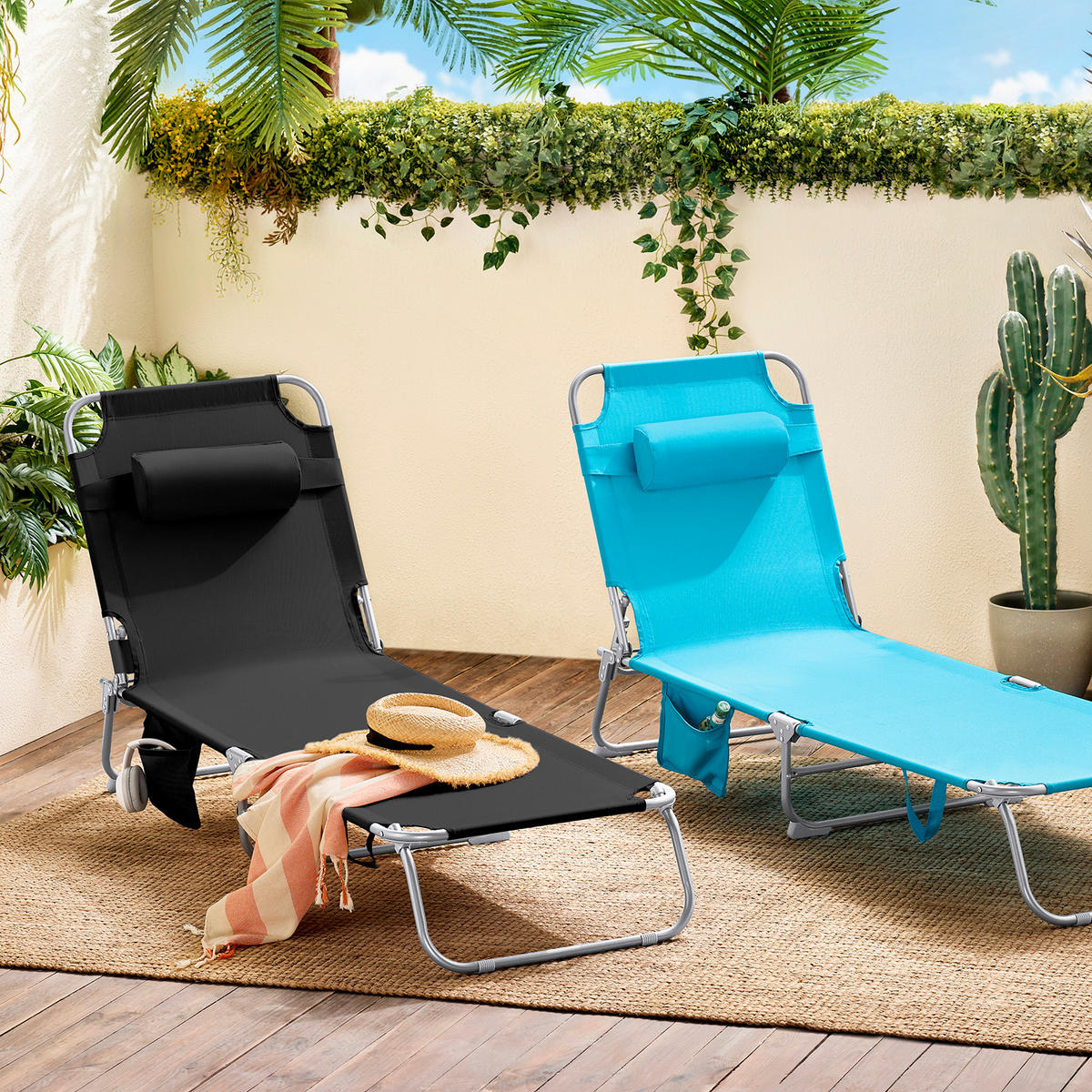 SONNENLIEGE 2er Set Schwarz - Schwarz, Textil/Metall (195/58/63cm) - SoBuy