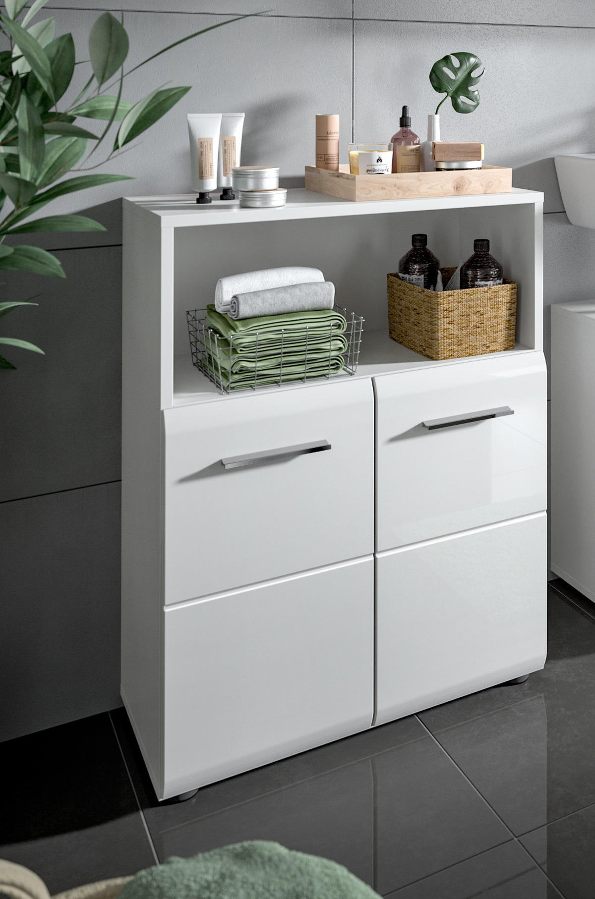 BADKOMMODE weiß Hochglanz, Badezimmer Kommode 60 x 80 cm - Weiß Hochglanz/Silberfarben, Holzwerkstoff/Kunststoff (60/80/30cm) - Inn.Furn