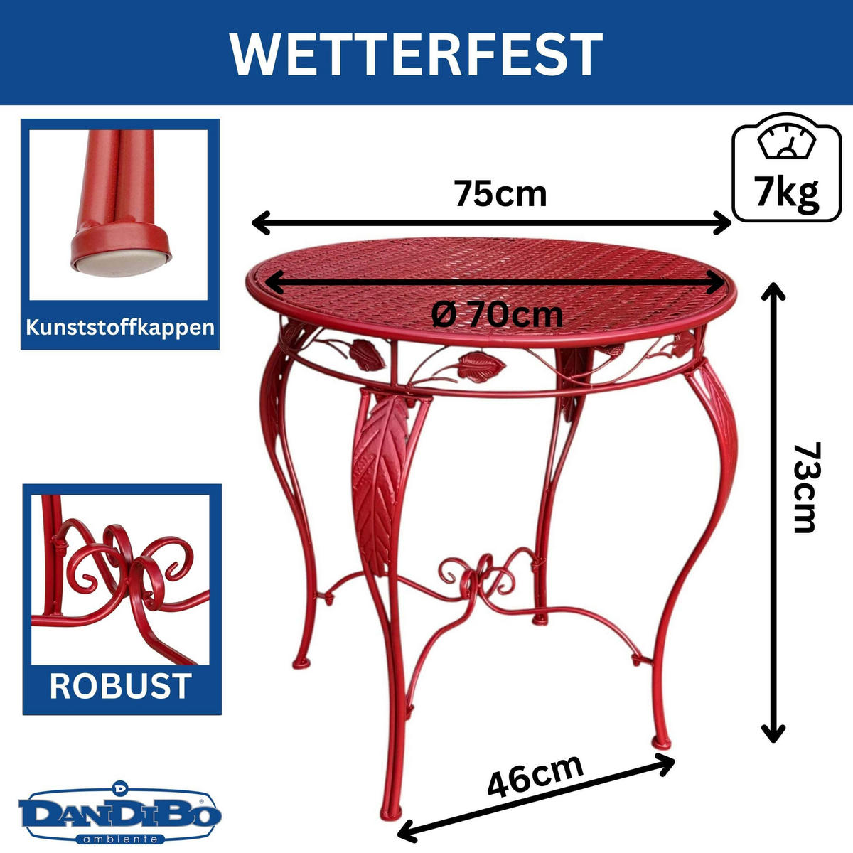 GARTENTISCH Rund 70cm Metall Antik Rot Wetterfest Terrassentisch - Rot, Metall (75/75/73cm) - DanDiBo