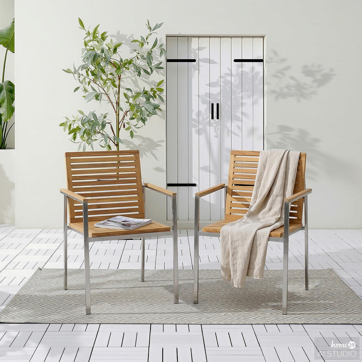 GARTENSTUHL - 2er-Set - Teak massiv / Edelstahl - Teak / Silber - Silberfarben/Braun, Holz/Metall (55/86/58cm) - home24