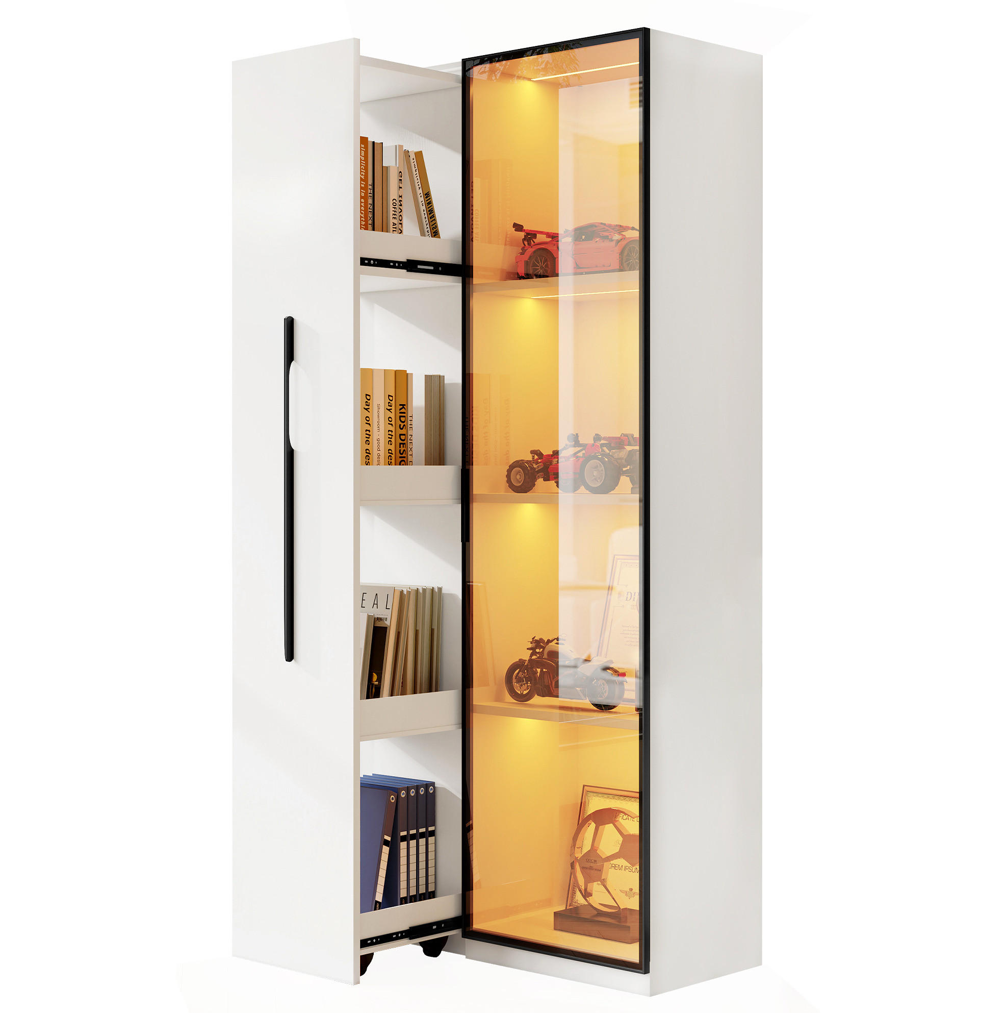 VITRINE 70/40/160 cm in Weiß mit LED-Beleuchtung und ausziehbarem Regal - Weiß, Holzwerkstoff (70/160/40cm) - Flora Grace
