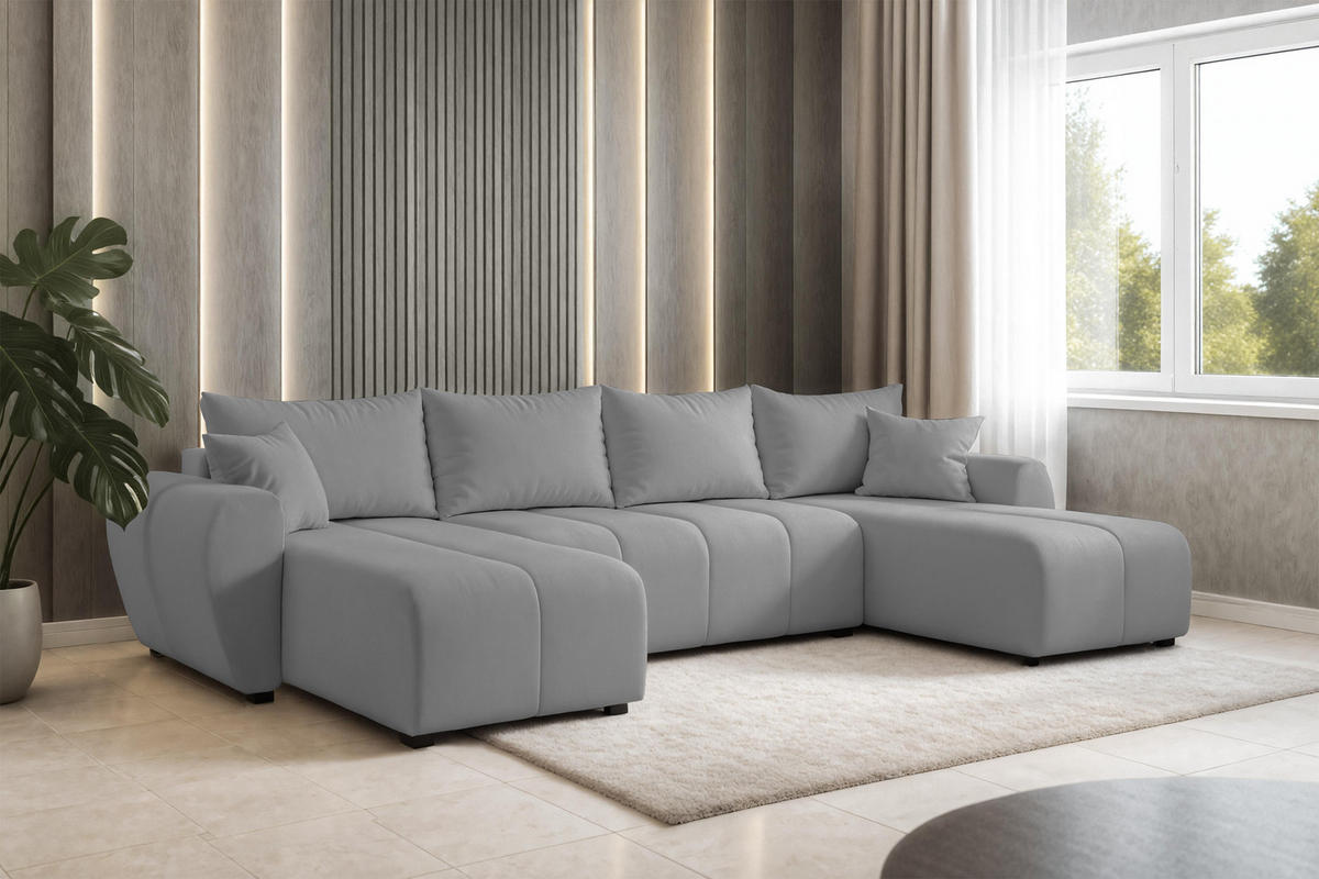 WOHNLANDSCHAFT Malatya U Form Hellgrau 311/145/82 cm mit Schlaffunktion - Hellgrau/Schwarz, Kunststoff/Textil (311/82/145cm) - AX Living