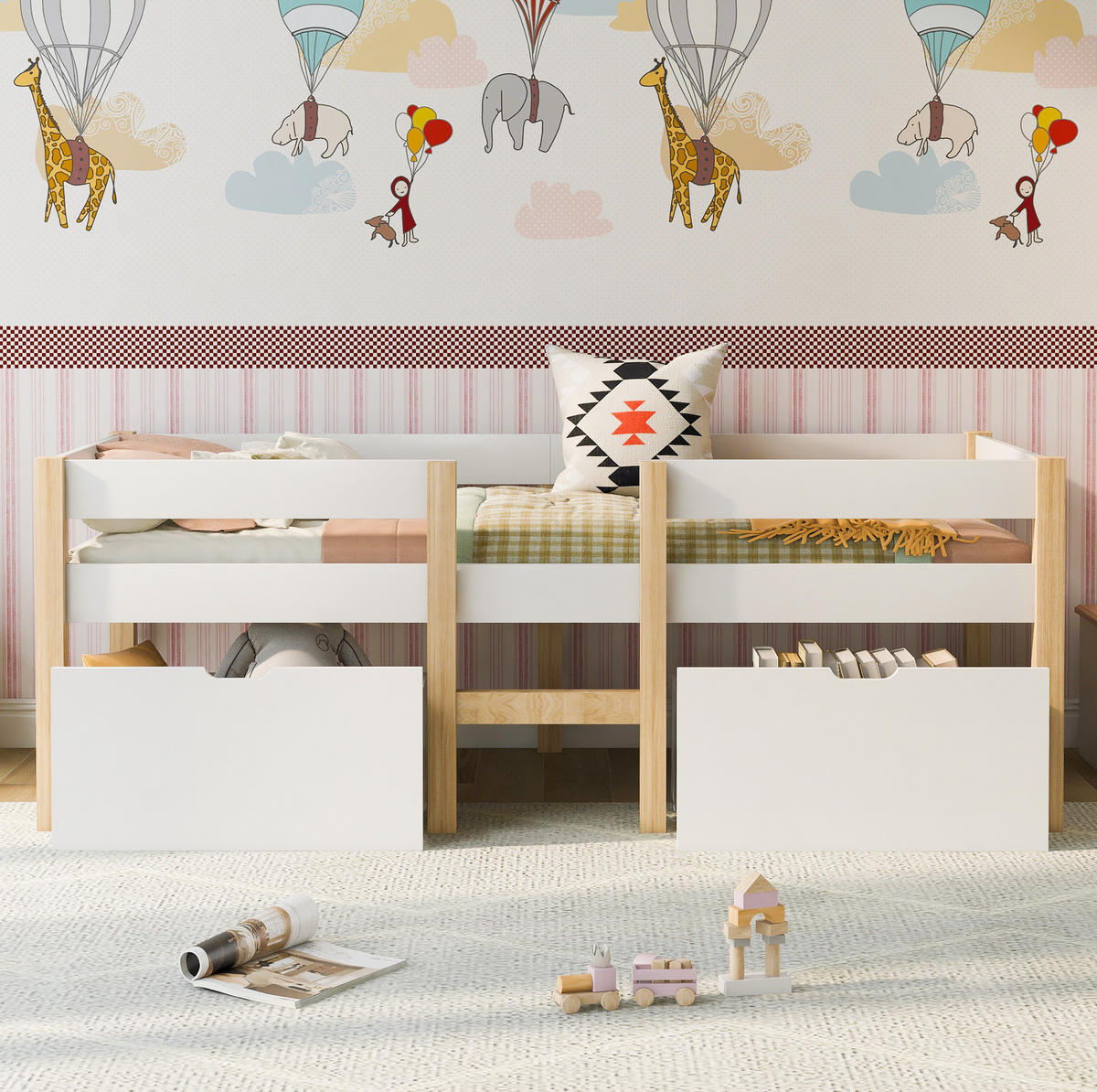 KINDEREINZELBETTEN aus Kiefer-Massivholz 90x190 cm in Weiß mit Schubladen & Rausfallschutz - Weiß, Holz (90/190cm) - Modfu