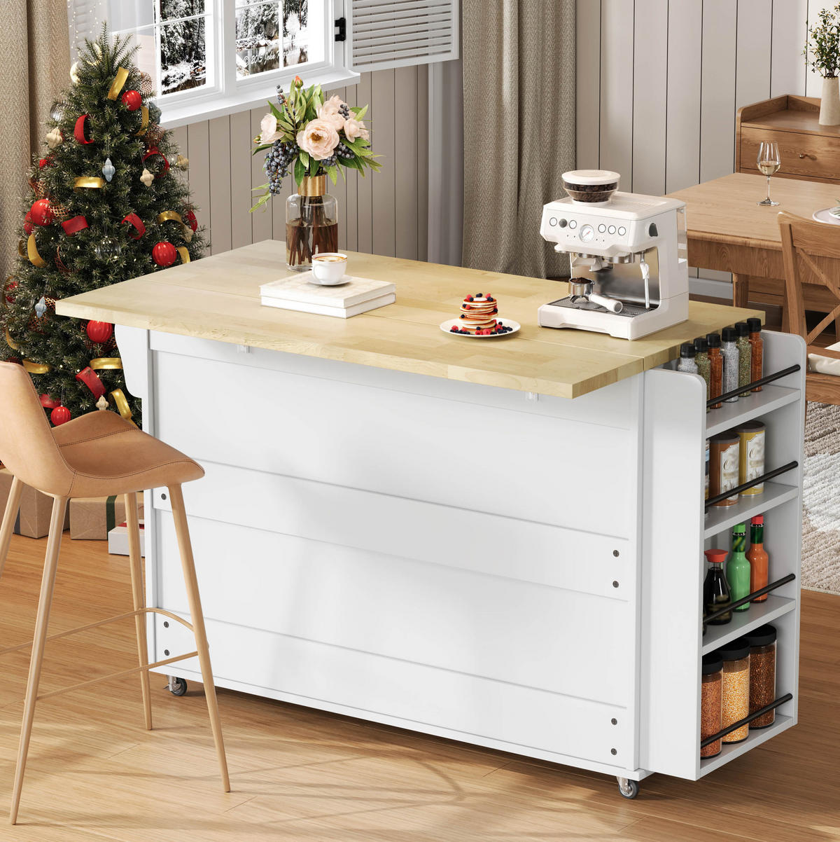 KÜCHENINSEL aus MDF 120x45(70)x90 cm Natur/Weiß mit klappbarer Arbeitsplatte, Glastüren, Schubladen und 5 Rollen - Naturfarben, Holzwerkstoff (138/90/70cm) - Modfu