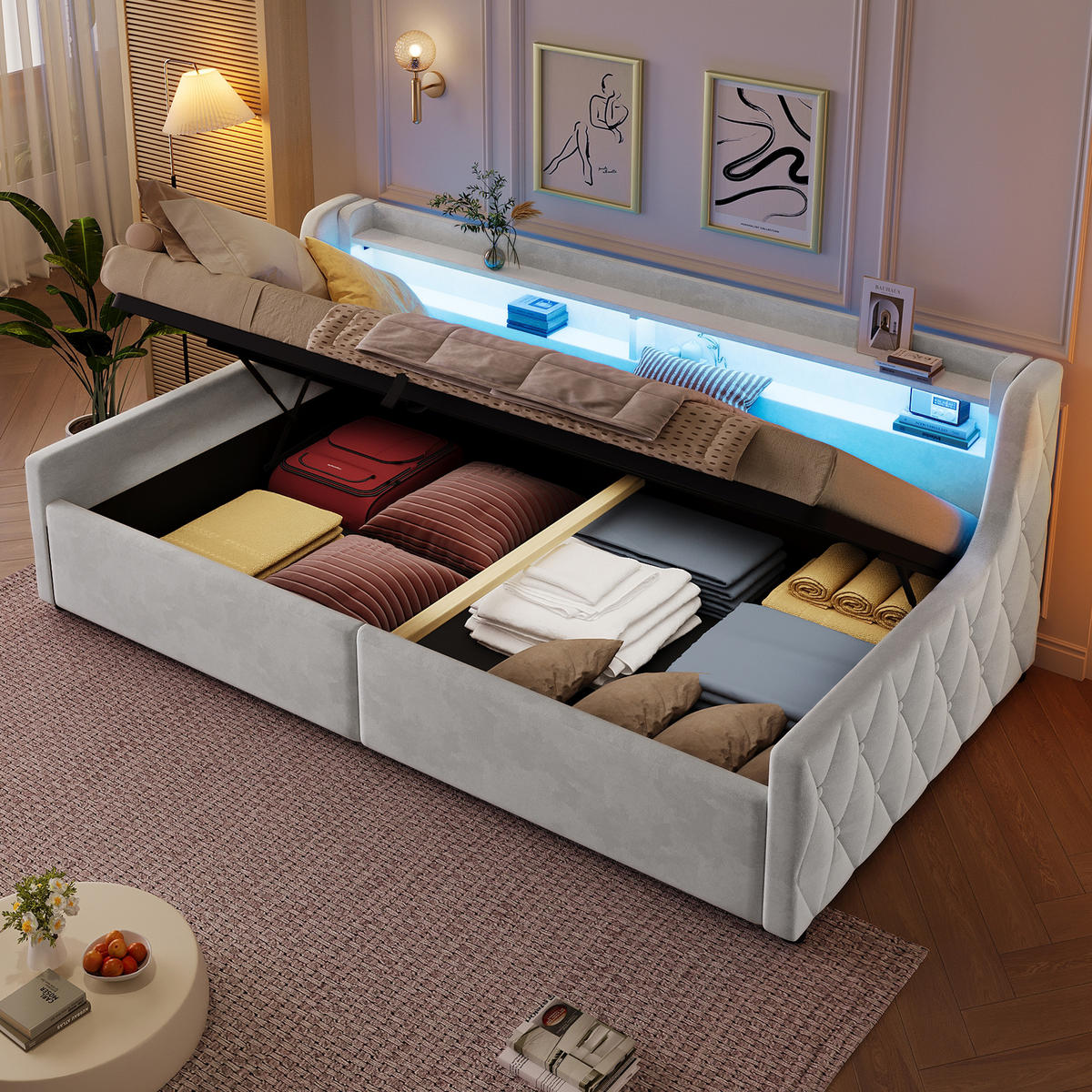BETT mit Stauraum und LED 90x200 cm Off White - Weiß, Metall (90/200cm) - Meubliv