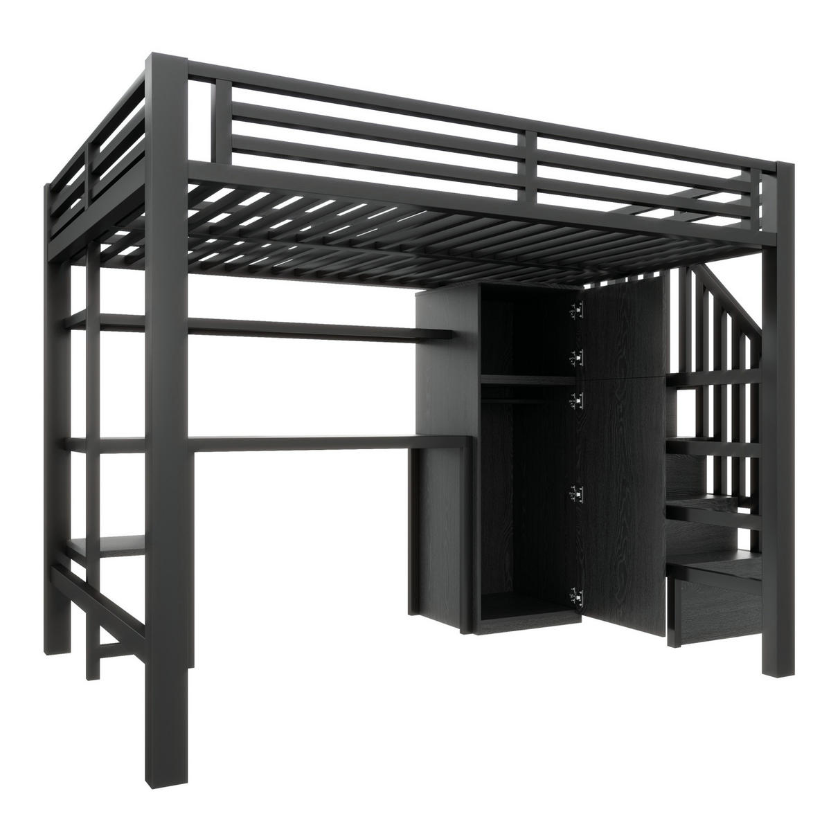 HOCHBETT 140/200 cm, Schwarz mit Schreibtisch, Regal und Kleiderschrank - Schwarz, Metall (140/200cm) - MIVRAY