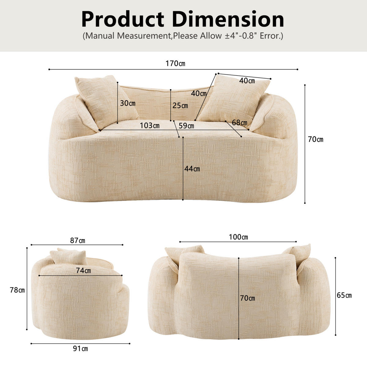 2-SITZER 170/87/65 cm beige aus Schaumstoff und Federkern mit 2 Kissen - Beige, Textil (87/65/170cm) - OKWISH