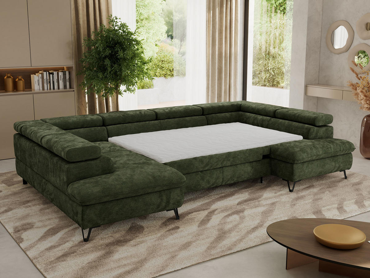 WOHNLANDSCHAFT PABLO U Schenille glatt Dunkelgrün mit Topper T25 - Dunkelgrün/Schwarz, Textil/Metall (346/76/208cm) - MKS