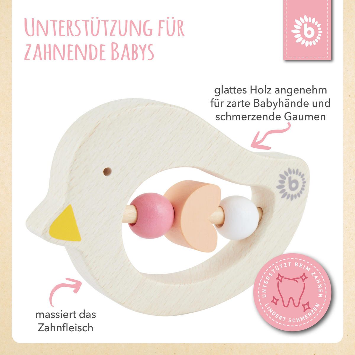 BEISSRING Holz Vogel - ab Geburt - Orange, Holz (7.5/10.3cm) - Bieco Spielwaren