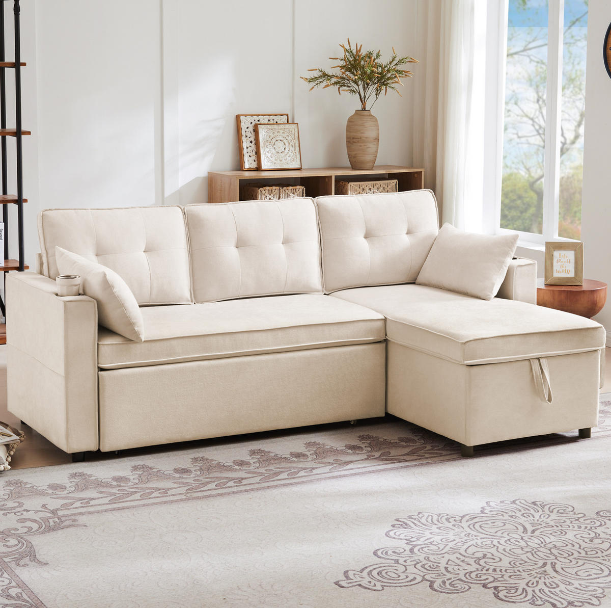 SCHLAFSOFA aus Baumwoll-Leinen mit Stauraum & Getränkehaltern, 211/130/86 cm, Beige - Beige, Textil (130/86/211cm) - Redom
