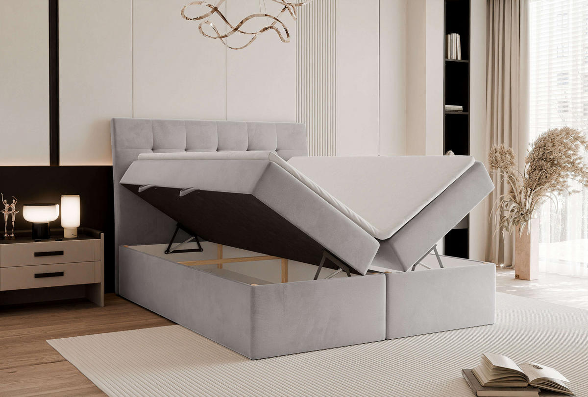 BOXBETT BAILEY 160/200 cm mit Matratze und Topper, Grau - Schwarz/Grau, Textil/Metall (160/200cm) - Idohome