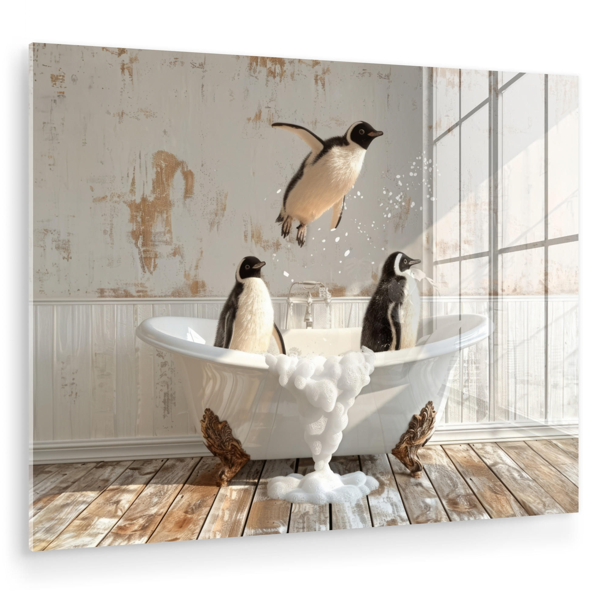 ACRYLGLASBILD Vintage - Pinguin - Badewanne - Schaumstoff 80x60 cm - Schwarz, Glas (80/60cm) - MuchoWow