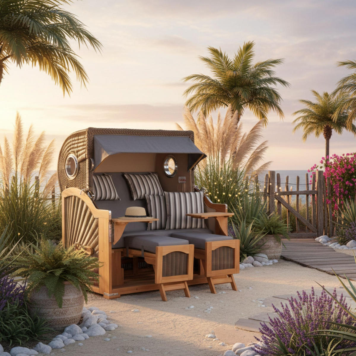 STRANDKORB Düne Grande Bullauge Teak PE Grey Dessin 544 - Braun/Grau, Metall (142/170/95cm) - Mr. Deko