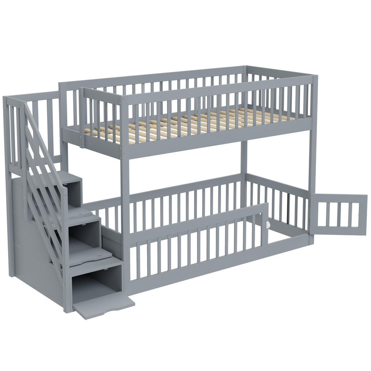 ETAGENBETT 90/200 cm & 90/200 cm in Grau Kinderbett mit Stauraumtreppe, Schubladen und Tür Massivholz-Design - Grau, Holz (90/200cm) - STILVORA