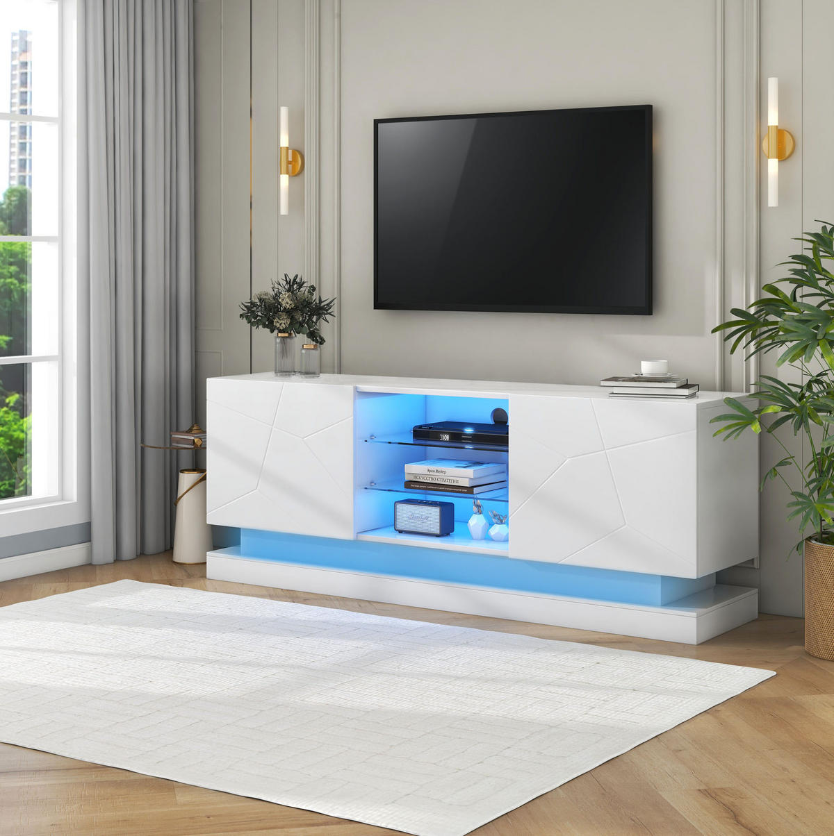 TV-ELEMENT mit Glasablage 160 cm Weiß Spanplatte - Weiß, Holzwerkstoff (38.5/60/160cm) - Beauniv
