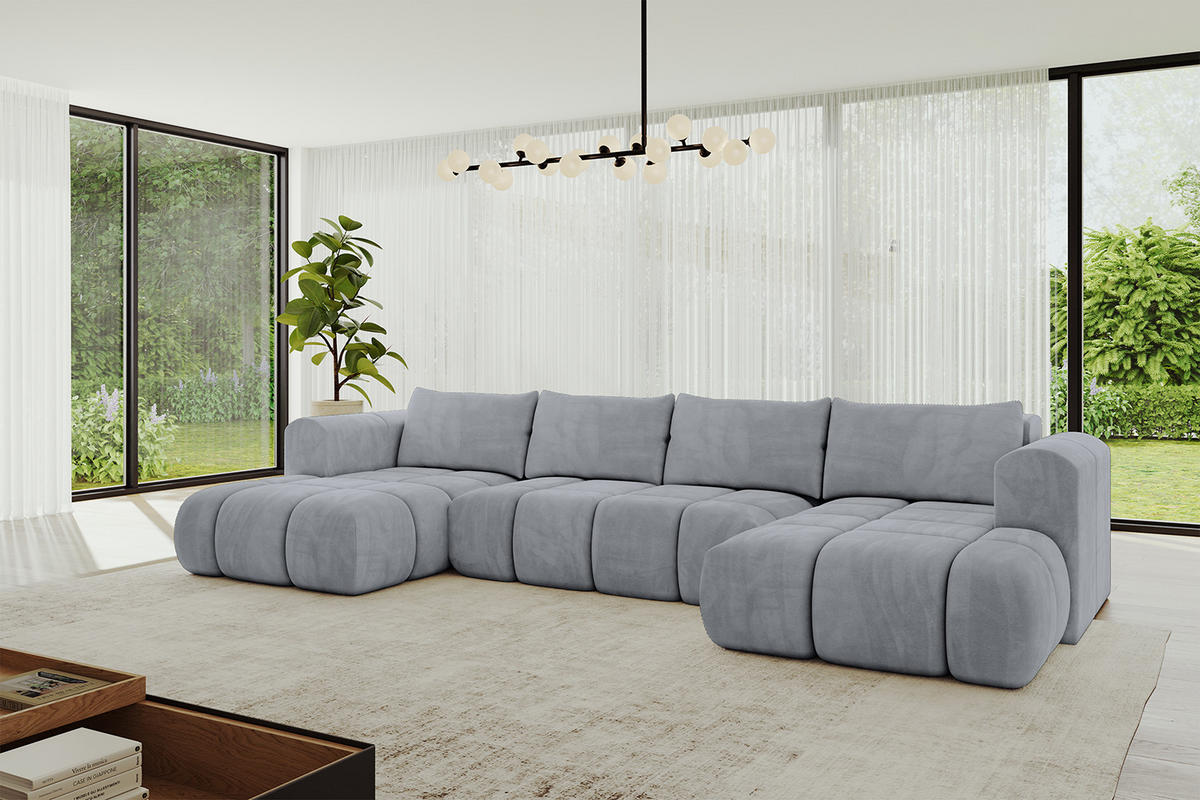 WOHNLANDSCHAFT Ottomane Links CLOUD-U 414x180x40 Hellgrau Velours - Hellgrau, Holzwerkstoff/Kunststoff (414/90/180cm) - ALTDECOR